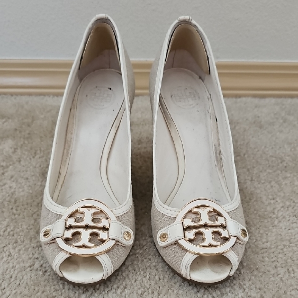 Tory Burch Cream Peep-Toe Heels with Gold Accent